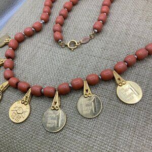 Freirich Vintage Faux Coral Glass Beaded Gold Tone Korea Coins Necklace